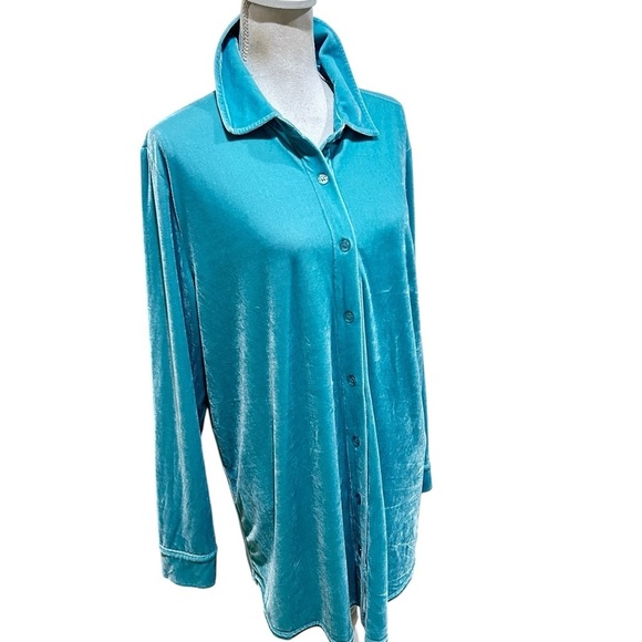 Nwt Soft Surroundings Turquoise Aqua Button-Down velvet Shirt size xl - Picture 3 of 11